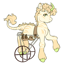 Size: 1941x1986 | Tagged: safe, artist:cocopudu, derpibooru import, oc, oc only, hybrid, pony, unicorn, zony, g2, back fluff, blonde, blonde mane, blonde tail, coat markings, colored eartips, colored hooves, colored horn, commission, cream coat, curly hair, curly mane, curly tail, curved horn, ear fluff, ears, eyebrows, facial markings, frown, green eyes, horn, hybrid oc, leonine tail, lidded eyes, long tail, looking back, oc name needed, profile, raised eyebrow, raised hoof, raised leg, short mane, signature, simple background, socks (coat marking), solo, standing, starry eyes, striped, striped ears, stripes, style emulation, tail, unicorn oc, unique horn, unshorn fetlocks, wheelchair, white background, wingding eyes, yellow mane, yellow tail, zony oc