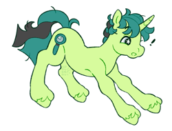 Size: 1280x971 | Tagged: safe, artist:cocopudu, derpibooru import, oc, oc only, pony, unicorn, g2, blue eyes, commission, curly hair, curly mane, exclamation point, eyebrows, eyebrows visible through hair, green coat, green hooves, horn, leaning, leaning forward, long tail, oc name needed, open mouth, profile, raised eyebrow, short mane, signature, simple background, starry eyes, style emulation, surprised face, tail, two toned mane, two toned tail, unicorn horn, unicorn oc, unshorn fetlocks, white background, wingding eyes