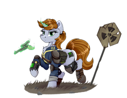 Size: 6200x4800 | Tagged: safe, artist:singovih, derpibooru import, oc, oc only, oc:littlepip, pony, unicorn, fallout equestria, armor, bag, clothes, female, horn, jumpsuit, looking at you, magic, mare, mentats, pipbuck, road sign, saddle bag, simple background, solo, telekinesis, weapon