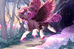 Size: 2351x1567 | Tagged: safe, artist:z0ri0n, derpibooru import, oc, oc only, pegasus, pony, forest, horror, monster, nature, pegasus oc, predator, running, tree, wings