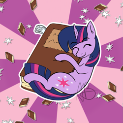 Size: 851x851 | Tagged: safe, artist:mranthony2, derpibooru import, twilight sparkle, unicorn twilight, pony, unicorn, g4, book, bookhorse, eyes closed, horn, hug, plushie, smiling, solo, sticker, sunburst background, that pony sure does love books