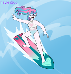 Size: 2567x2700 | Tagged: safe, artist:hayley566, derpibooru import, princess flurry heart, equestria girls, g4, alternate hairstyle, barefoot, clothes, commission, equestria girls-ified, feet, female, goggles, older, older flurry heart, open mouth, solo, surfboard, surfing, swimsuit, water, wave