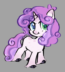 Size: 611x672 | Tagged: safe, artist:krabling, derpibooru import, part of a set, sweetie belle, pony, unicorn, g4, alternate design, alternate eye color, big eyes, black hooves, cloven hooves, coat markings, colored, colored eartips, colored hooves, colored horn, colored muzzle, curly hair, curly mane, curly tail, cute, diasweetes, eyelashes, female, fetlock tuft, filly, foal, gray background, heterochromia, horn, long mane, long tail, purple mane, purple tail, redesign, short horn, simple background, smiling, socks (coat marking), solo, spots, spotted, standing, tail, tail tie, unicorn horn, unshorn fetlocks, white coat