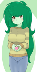 Size: 1559x3078 | Tagged: safe, artist:batipin, derpibooru import, wallflower blush, human, equestria girls, g4, 2d, blushing, breasts, busty wallflower blush, clothes, cute, eyebrows, eyebrows visible through hair, female, flowerbetes, freckles, heart, heart hands, long sleeves, looking at you, pants, pockets, smiling, smiling at you, solo, sweater