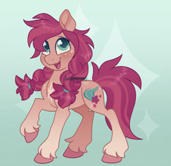 Size: 1920x1856 | Tagged: safe, artist:bishopony, sunny starscout, earth pony, pony, alternate design, based on concept art, concept design, cute, cutie mark, female, gradient background, mare, open mouth, open smile, pigtails, simple background, smiling, solo, sparkles, unshorn fetlocks, watermark