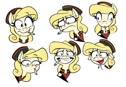 Size: 2185x1511 | Tagged: safe, artist:anontheanon, artist:polofastter, twibooru import, oc, oc only, oc:belle hop, earth pony, pony, bellhop, bellhop pony, bust, cigarette, faic, female, grin, hat, insanity, looking at you, looking down, mare, open mouth, open smile, simple background, smiling, smiling at you, smoking, sweat, sweatdrop, thousand yard stare, transparent background