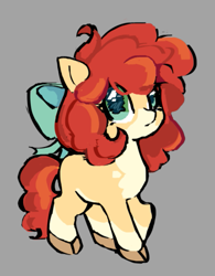 Size: 527x674 | Tagged: safe, artist:krabling, derpibooru import, part of a set, apple bloom, earth pony, pony, g4, adorabloom, alternate design, alternate eye color, alternate hairstyle, apple bloom's bow, bangs, big eyes, bow, brown hooves, cloven hooves, coat markings, colored, colored hooves, colored muzzle, curly hair, curly mane, curly tail, cute, eyelashes, facial markings, female, filly, foal, frown, gray background, green bow, green eyes, hair bow, long mane, long tail, mealy mouth (coat marking), raised hooves, redesign, shiny eyes, simple background, smiling, socks (coat marking), solo, standing, tail, teal eyes, wingding eyes, yellow coat