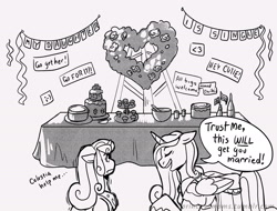 Size: 2166x1646 | Tagged: safe, artist:overlordneon, derpibooru import, princess cadance, princess flurry heart, alicorn, pony, g4, banner, cake, dialogue, duo, duo female, ears, female, floppy ears, flower, food, frown, grayscale, heart, mare, monochrome, mother and child, mother and daughter, mothers gonna mother, older, older flurry heart, parent and child, princess of love, princess of shipping, punch (drink), punch bowl, rose, simple background, speech bubble, white background