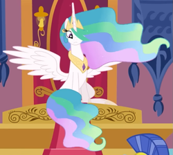 Size: 681x609 | Tagged: safe, derpibooru import, screencap, princess celestia, alicorn, pony, g4, season 3, the crystal empire, cropped, crown, ethereal mane, ethereal tail, female, hoof shoes, jewelry, looking at someone, mare, offscreen character, peytral, regalia, royal guard, sitting, slender, solo focus, spread wings, tail, thin, wings