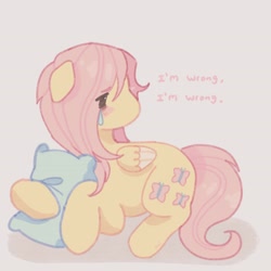 Size: 2800x2800 | Tagged: safe, artist:ariariari.png, derpibooru import, fluttershy, pegasus, pony, g4, crying, gray background, lyrics in the description, pillow, simple background, solo, teardrop, vent art