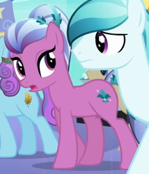 Size: 328x384 | Tagged: safe, derpibooru import, screencap, crystal arrow, crystal beau, elbow grease, sapphire joy, crystal pony, pony, g4, season 3, the crystal empire, cropped, female, looking at each other, looking at someone, male, mare, paradise (g4), solo focus, stallion, walking