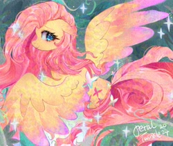 Size: 2048x1726 | Tagged: safe, artist:petaltwinkle, derpibooru import, fluttershy, butterfly, pegasus, pony, g4, abstract background, blue eyes, blushing, colored eyebrows, colored wings, colored wingtips, ear blush, ears, ears back, eyebrows, eyelashes, female, floppy ears, flowing hair, flying, lidded eyes, long hair, looking at you, looking back, looking back at you, mare, one wing out, pink hair, shiny eyes, shiny hair, signature, smiling, smiling at you, solo, sparkles, sparkly eyes, sparkly mane, spread wings, tail, two toned wings, wing fluff, wingding eyes, wings, yellow coat
