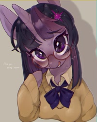 Size: 1569x1965 | Tagged: safe, artist:potetecyu_to, derpibooru import, twilight sparkle, semi-anthro, unicorn, g4, arm hooves, blushing, bowtie, breasts, bust, clothes, female, glasses, headlight sparkle, horn, looking at you, mare, round glasses, smiling, smiling at you, solo, sweater, talking to viewer