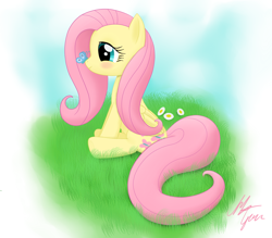 Size: 1600x1400 | Tagged: safe, artist:sameasusual, derpibooru import, fluttershy, butterfly, pegasus, pony, g4, blushing, butterfly on nose, cute, daaaaaaaaaaaw, daisy (flower), female, flower, gradient background, grass, insect on nose, mare, old art, profile, signature, sitting, smiling, solo