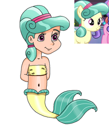 Size: 680x785 | Tagged: safe, artist:ocean lover, derpibooru import, coral shores, crystal pony, human, mermaid, g4, arm behind back, bandeau, bare shoulders, belly, belly button, child, cute, female, fins, fish tail, gradient hair, green hair, hair bun, hairpin, happy, human coloration, humanized, innocent, light skin, looking at someone, mermaid tail, mermaidized, mermay, midriff, ms paint, pink eyes, reference, simple background, sleeveless, species swap, tail, tail fin, two toned hair, white background, yellow tail