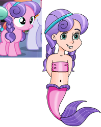 Size: 672x847 | Tagged: safe, artist:ocean lover, derpibooru import, cloudy spinel, crystal pony, human, mermaid, g4, arm behind back, bandeau, bare shoulders, belly, belly button, child, cute, female, fins, fish tail, gradient hair, hairpin, happy, human coloration, humanized, innocent, light skin, looking at someone, mermaid tail, mermaidized, mermay, midriff, ms paint, pigtails, pink tail, purple hair, reference, simple background, sleeveless, species swap, tail, tail fin, teal eyes, two toned hair, white background