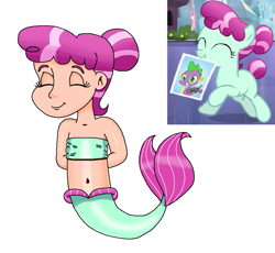 Size: 817x753 | Tagged: safe, artist:ocean lover, derpibooru import, crystal pony, human, mermaid, g4, arm behind back, bandeau, bare shoulders, belly, belly button, cheerful, child, cute, excited, excitement, eyes closed, female, fins, fish tail, gradient hair, green tail, hair bun, happy, human coloration, humanized, innocent, light skin, mermaid tail, mermaidized, mermay, midriff, ms paint, reference, simple background, sleeveless, smiling, species swap, tail, tail fin, two toned hair, white background