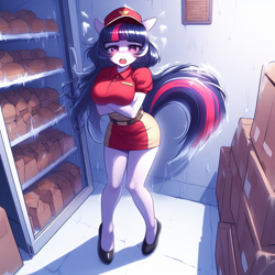 Size: 1024x1024 | Tagged: safe, ai content, derpibooru import, machine learning generated, twilight sparkle, anthro, g4, adorasexy, big breasts, blushing, boob squish, breasts, clothes, cold, complaining, crossed arms, cute, female, freezer, freezing, frost, hat, headlight sparkle, ice, looking at you, missing horn, open mouth, prompter:horselover fat, refrigerator, restaurant, sexy, shelves, shivering, shoes, skirt, solo, this will end in frozen in ice, uniform, uniform hat