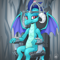 Size: 3070x3070 | Tagged: safe, artist:mysticalpha, derpibooru import, princess ember, dragon, g4, chair, commission, cuffs, dragoness, female, high res, lidded eyes, looking at you, mind reading, partially open wings, signature, sitting, smiling, smiling at you, solo, tied to chair, wings