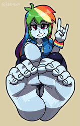 Size: 1325x2079 | Tagged: safe, artist:reathroch, derpibooru import, rainbow dash, human, equestria girls, g4, barefoot, devil horn (gesture), feet, female, fetish, foot fetish, foot focus, looking at you, simple background, smiling, smiling at you, soles, solo, toenails, toes