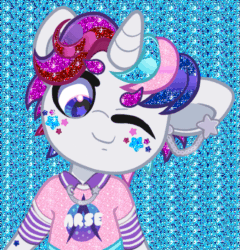 Size: 625x650 | Tagged: safe, artist:partypievt, derpibooru import, oc, oc only, oc:party pie, anthro, pony, unicorn, animated, arse, collar shirt, ear piercing, earring, eyestrain warning, facial markings, gif, glitter, glitter gif, horn, jewelry, looking at you, one eye closed, piercing, solo, wink, winking at you