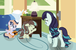 Size: 2753x1809 | Tagged: safe, artist:galaxynightsparkle, derpibooru import, coloratura, oc, oc:britika, oc:serena, earth pony, pegasus, pony, g4, base used, colt, eyes closed, female, filly, foal, guitar, male, mare, mother and child, mother and daughter, musical instrument, offspring, parent and child, parent:coloratura, parent:feather bangs, parent:songbird serenade, parents:colorabangs, rara, singing, trio