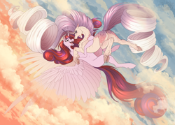 Size: 1600x1143 | Tagged: safe, artist:sunny way, derpibooru import, princess cadance, oc, oc only, oc:bleeding heart, oc:sumac spirit, alicorn, pony, unicorn, g4, alicorn oc, art, artwork, cloud, cloven hooves, digital art, duo, falling, feather, female, feral, flying, happy, hoers, holding, holding a pony, horn, large wings, long hair, looking at someone, mare, open mouth, open smile, reward, scary, sky, smiling, smiling at someone, wings