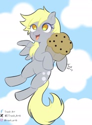 Size: 1182x1609 | Tagged: safe, derpibooru import, derpy hooves, pegasus, pony, g4, female, food, holding, mare, muffin, open mouth, signature, sky, smiling, solo