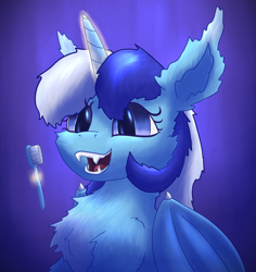 Size: 1866x1976 | Tagged: safe, artist:gosha305, derpibooru import, minuette, alicorn, bat pony, bat pony alicorn, pony, g4, bat ponified, bat wings, blue background, bust, chest fluff, cute, ear fluff, ears, fangs, female, fluffy, folded wings, glowing, glowing horn, horn, levitation, looking at you, magic, mare, open mouth, open smile, portrait, race swap, simple background, slit eyes, smiling, smiling at you, solo, teeth, telekinesis, toothbrush, wings