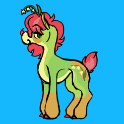 Size: 2048x2048 | Tagged: safe, artist:tamponropeburn, derpibooru import, oc, oc only, oc:carrot (friendlyfloaty), earth pony, pony, artfight, blue background, concave belly, countershading, flower, full body, green coat, red mane, red tail, short tail, simple background, smiling, solo, standing, tail, yellow coat