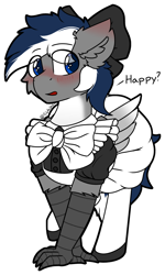 Size: 598x1000 | Tagged: safe, artist:skylarpalette, derpibooru import, oc, oc only, oc:blitz streak, hippogriff, pony, adorable face, blushing, bow, cheek fluff, clothes, crossdressing, crossed legs, cute, ear blush, ear fluff, ears, fluffy, frills, hair bow, looking back, maid, male, png, shoes, shy, simple background, skirt, socks, solo, stallion, stockings, talking, talons, thigh highs, transparent background, wings