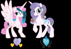 Size: 7616x5320 | Tagged: safe, artist:galaxynightsparkle, derpibooru import, oc, oc only, oc:crystal heart, oc:garion heart, alicorn, pony, absurd resolution, alicorn oc, base used, black background, colored wings, duo, duo female, female, horn, looking at you, mare, offspring, parent:pound cake, parent:princess flurry heart, parents:poundflurry, raised hoof, raised leg, siblings, simple background, sisters, smiling, smiling at you, twins, wings