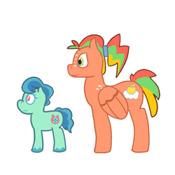 Size: 1280x1280 | Tagged: artist needed, safe, derpibooru import, oc, oc only, oc:criss cross, oc:fortune, earth pony, pegasus, pony, duo, female, foal, magical lesbian spawn, mare, next generation, offspring, parent:applejack, parent:marble pie, parent:rainbow dash, parent:trouble shoes, parents:appledash, parents:marbleshoes, redesign, reference sheet, simple background, white background
