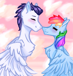 Size: 2413x2517 | Tagged: safe, artist:luna almond, derpibooru import, rainbow dash, soarin', pegasus, pony, g4, boop, chest fluff, cloud, duo, duo male and female, eyes closed, female, male, noseboop, nuzzling, shipping, sky, smiling, soarindash, spread wings, straight, wings