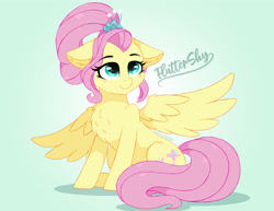 Size: 3840x2970 | Tagged: safe, artist:emyart18, derpibooru import, fluttershy, pegasus, pony, g4, the last problem, chest fluff, female, gradient background, high res, mare, older, older fluttershy, sitting, solo, spread wings, wings