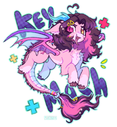 Size: 850x925 | Tagged: safe, artist:flixanoa, derpibooru import, oc, oc only, oc:key mash, dragon, angry, bat wings, chest fluff, claws, commission, ear fluff, ears, female, heterochromia, horns, mare, pink, silly bandz, simple background, solo, sparkles, spread wings, text, transparent background, transparent wings, wings