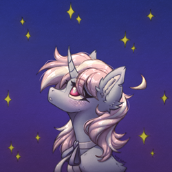 Size: 2982x2980 | Tagged: safe, artist:viryav, derpibooru import, oc, oc only, pony, unicorn, blushing, bow, bowtie, cute, dark background, excited, female, fluffy, freckles, horn, mare, night, scar, simple background, sketch, solo, stars, surprised, surprised face, traditional art
