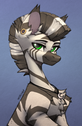 Size: 2112x3246 | Tagged: safe, artist:viryav, derpibooru import, oc, oc only, earth pony, pony, zebra, ear piercing, gradient background, jewelry, looking at you, male, pendant, piercing, satisfied, sketch, smiling, smiling at you, solo, striped, traditional art