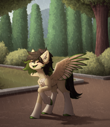 Size: 3222x3725 | Tagged: safe, artist:viryav, derpibooru import, oc, oc only, pegasus, pony, blushing, bush, commission, complex background, ear piercing, eyes closed, female, fluffy, full body, grass, happy, mare, nose piercing, piercing, rain, road, shadow, smiling, solo, tree, wings