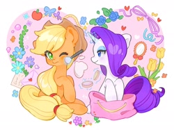 Size: 1890x1417 | Tagged: safe, artist:chonpsk, derpibooru import, applejack, rarity, earth pony, pony, unicorn, g4, applejack's hat, applying makeup, bag, blushing, clothes, cowboy hat, duo, duo female, female, flower, freckles, hat, heart, horn, lesbian, letter, looking at each other, looking at someone, love letter, magic, makeup, makeup brush, mare, mirror, rarijack, shipping, sitting, telekinesis