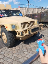 Size: 3072x4080 | Tagged: safe, derpibooru import, oc, oc:hellfire, pegasus, pony, american flag, australia, car, irl, military, moscow, obligatory pony, photo, plushie, truck