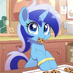 Size: 1024x1024 | Tagged: safe, ai content, derpibooru import, generator:novelai, generator:stable diffusion, machine learning generated, minuette, pony, unicorn, g4, bound, cookie, cute, female, food, hnnng, hooves on the table, hooves together, horn, indoors, kitchen, looking at you, mare, minubetes, mouth hold, prompter needed, smiling, smiling at you, solo, window