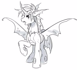 Size: 4096x3739 | Tagged: safe, artist:opalacorn, derpibooru import, shining armor, changeling, pony, g4, black and white, curved horn, false shining au, fangs, grayscale, horn, male, monochrome, simple background, solo, spread wings, stallion, white background, wings