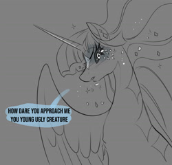 Size: 2400x2300 | Tagged: safe, artist:opalacorn, derpibooru import, twilight sparkle, alicorn, pony, g4, alternate universe, black and white, black sclera, coat markings, crying, dialogue, facial markings, false shining au, female, grayscale, implied flurry heart, mare, monochrome, sketch, solo, speech bubble, star (coat marking)