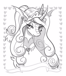 Size: 2814x3209 | Tagged: safe, artist:opalacorn, derpibooru import, princess flurry heart, alicorn, changeling, changepony, hybrid, pony, g4, alternate universe, black and white, bust, curved horn, ear piercing, earring, eye clipping through hair, eyebrows, eyebrows visible through hair, false shining au, female, grayscale, horn, jewelry, mare, monochrome, necklace, older, older flurry heart, piercing, regalia, sketch, solo, species swap
