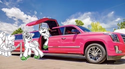 Size: 4096x2276 | Tagged: safe, artist:opalacorn, derpibooru import, oc, oc only, oc:void, alicorn, earth pony, pegasus, pony, cadillac, camera, car, clothes, crocs, female, limousine, male, mare, shoes, stallion, sunglasses, suv, vehicle