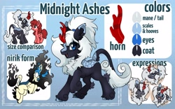 Size: 2700x1681 | Tagged: safe, artist:opalacorn, derpibooru import, oc, oc only, oc:midnight ashes, kirin, nirik, pegasus, pony, cloven hooves, female, leonine tail, mare, reference sheet, tail, unshorn fetlocks