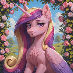 Size: 1536x1536 | Tagged: safe, ai content, derpibooru import, generator:pony diffusion v6 xl, generator:stable diffusion, machine learning generated, princess cadance, alicorn, pony, g4, anonymous prompter, chest fluff, colored wings, ear fluff, ears, female, flower, folded wings, looking at you, mare, rose, sitting, smiling, smiling at you, solo, two toned wings, wings
