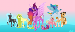 Size: 4570x1936 | Tagged: safe, artist:skaiiravenom, derpibooru import, applejack, fluttershy, pinkie pie, rainbow dash, rarity, twilight sparkle, twilight sparkle (alicorn), alicorn, earth pony, pegasus, pony, unicorn, g4, animator, cartoonist, gradient background, horn, mane six, mane six redesign, princess