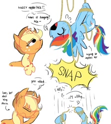 Size: 851x954 | Tagged: safe, artist:appledash3r_, derpibooru import, applejack, rainbow dash, earth pony, pegasus, pony, g4, 2 panel comic, appledash, applejack's hat, blonde, blonde mane, blue coat, clothes, colored, colored sketch, comic, cowboy hat, dialogue, duo, duo female, emanata, eye clipping through hair, eyebrows, eyebrows visible through hair, eyelashes, eyes closed, facehoof, female, flat colors, freckles, frown, hanging, hanging upside down, hat, lesbian, lidded eyes, mare, multicolored hair, multicolored mane, multicolored tail, narrowed eyes, no catchlights, open mouth, orange coat, plewds, ponytail, rainbow hair, rainbow tail, rope, sheepish grin, shipping, simple background, sketch, speech bubble, stuck, sweat, sweatdrops, tail, talking, text, tied mane, tied up, upside down, white background, you tried